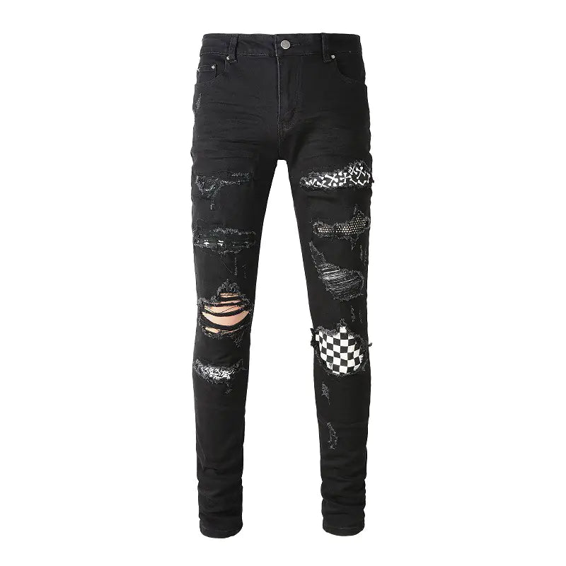 Black and White Plaid Skinny Fit Stretch Jeans