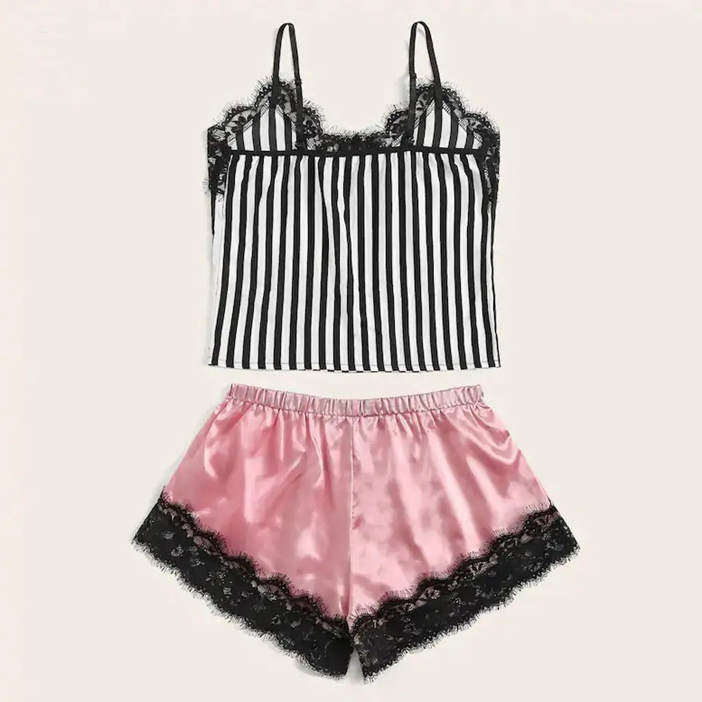 Fashionable Black Lace Trim Sleepwear Set (2 Pieces)