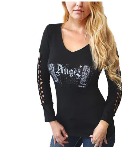 V-Neck Long Sleeve Angel Wings Hollow T-Shirt