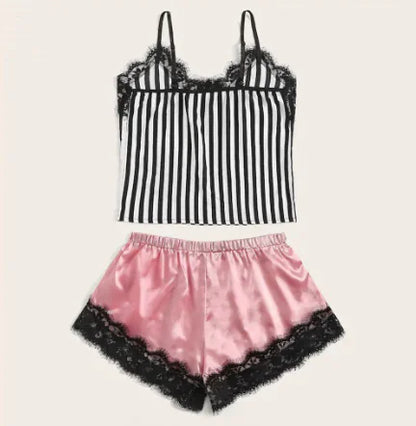 Fashionable Black Lace Trim Sleepwear Set (2 Pieces)