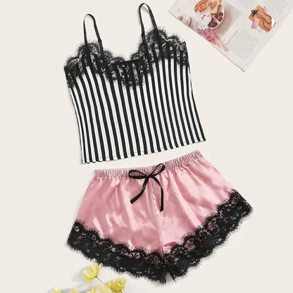 Fashionable Black Lace Trim Sleepwear Set (2 Pieces)