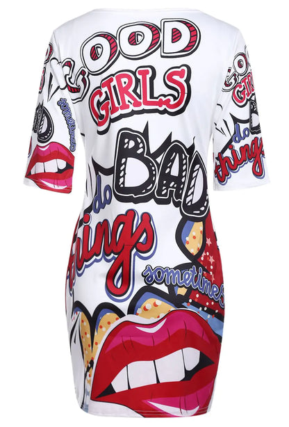 Funny Red Lips Graffiti Print T-Shirt Dress