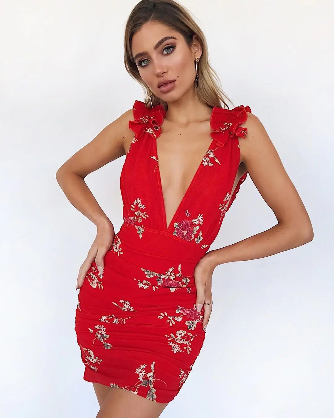 Sexy Deep V-Neck Floral Ruffle Bodycon Dress