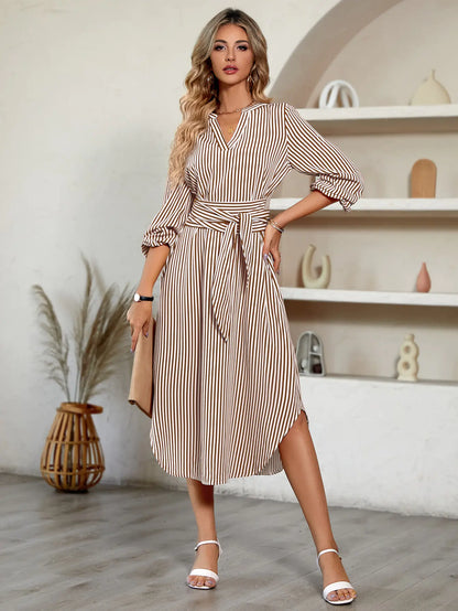 V-neck Striped Dress with Tied Detail for Women