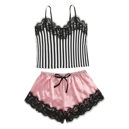 Fashionable Black Lace Trim Sleepwear Set (2 Pieces)